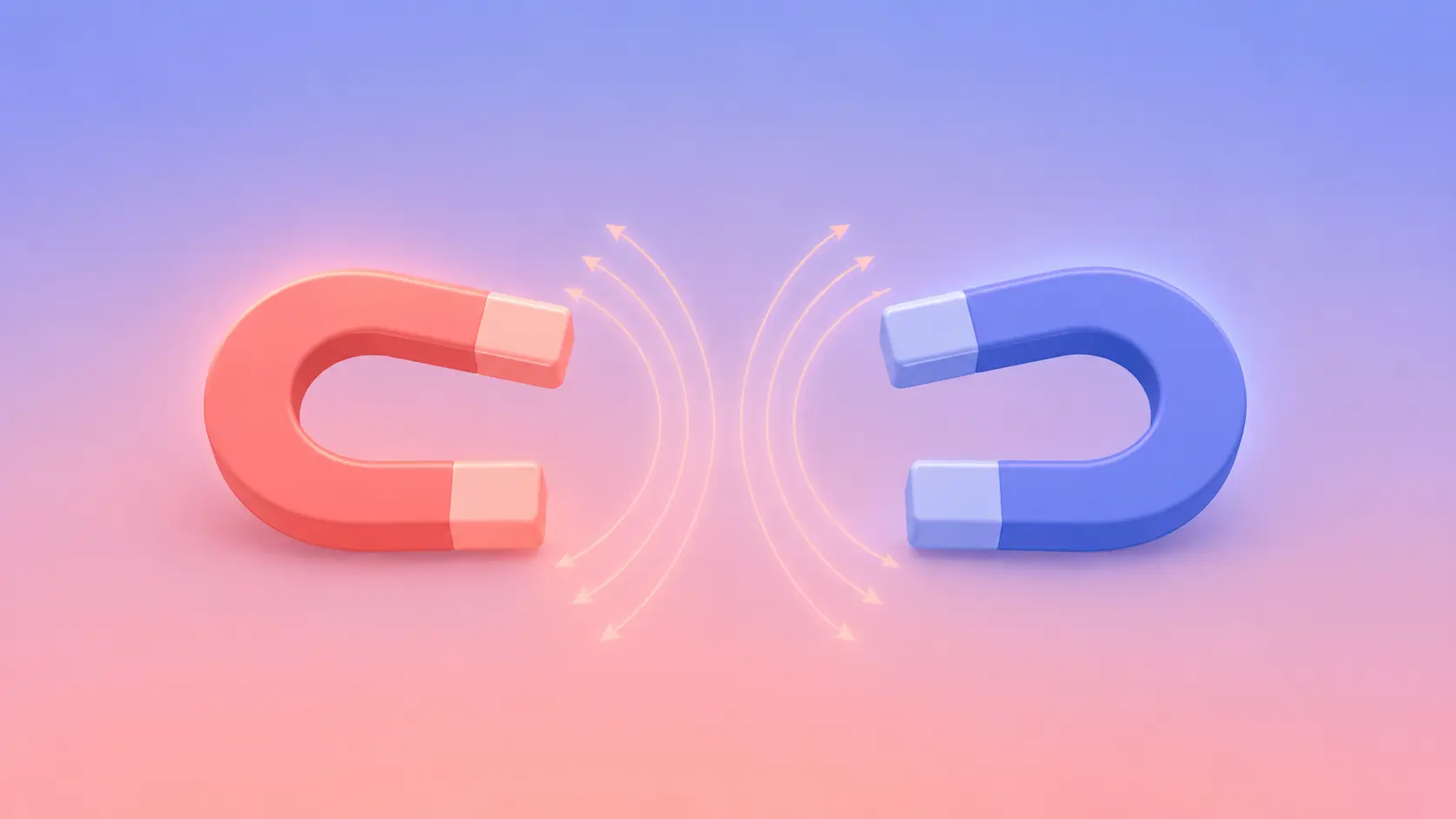 Flat-vector illustration of a warm coral magnet and a cool periwinkle-blue magnet with curved field lines pushing them apart as they near, symbolising avoidant attachment where closeness itself triggers the pull-away