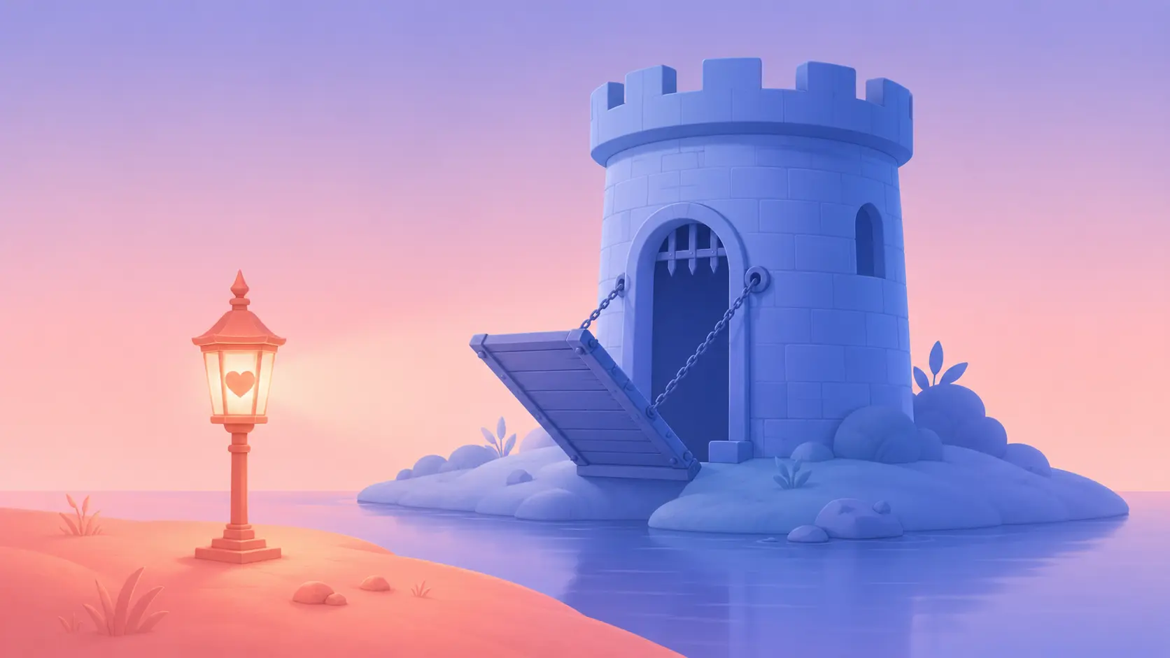 Flat pastel vector illustration of a periwinkle-blue castle tower with its drawbridge drawn halfway up, while a warm coral lantern glows softly on the near bank — symbolizing a man retreating behind walls after a job loss while warmth waits patiently outside.