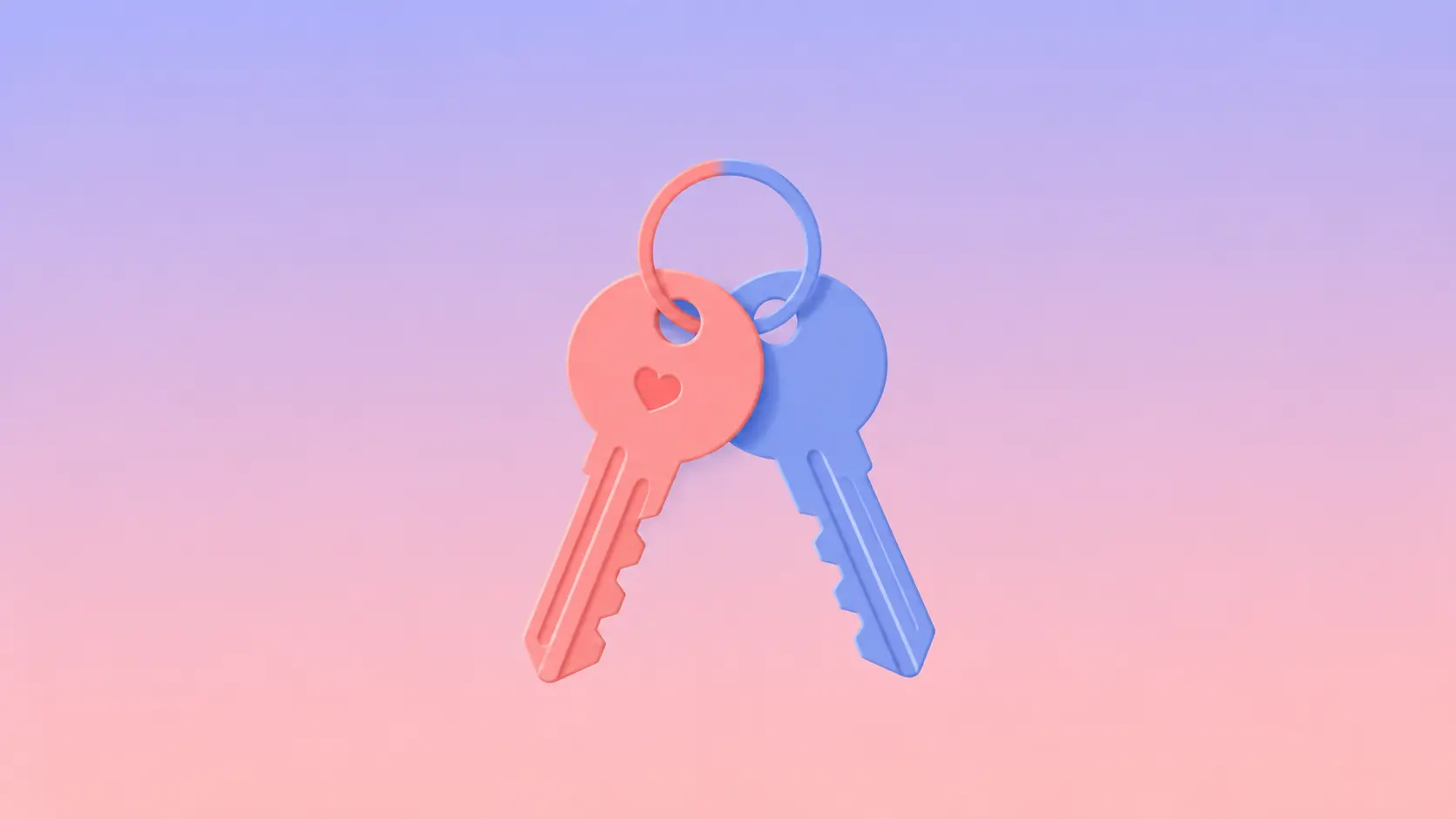 Symbolic flat-vector illustration of two overlapping house-key shapes, one coral-pink and one periwinkle-blue, resting slightly apart on a soft lavender-to-peach gradient, representing a shared home and quiet emotional distance after moving in together