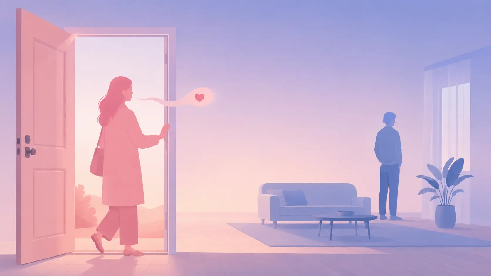 A woman pausing thoughtfully at the front door after saying goodbye to her partner, a quiet moment of noticing something has changed