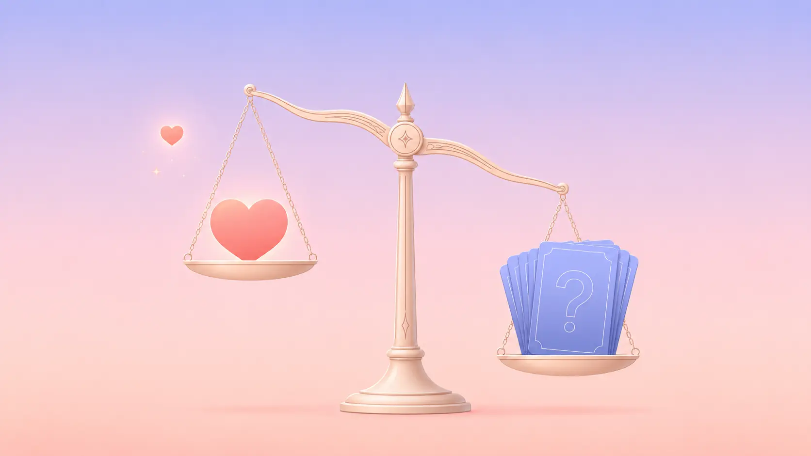 Flat-vector illustration of a woman in warm coral-pink tones gazing into a mirror whose reflection multiplies into faint periwinkle-blue silhouettes of other women, with a small coral heart accent