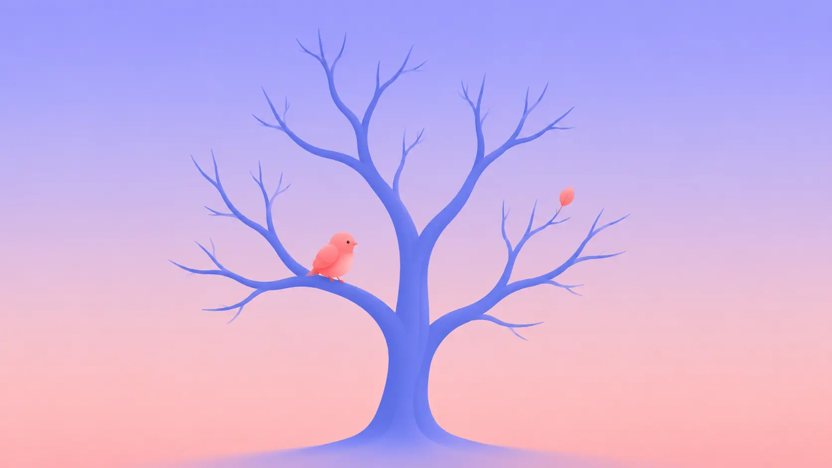 Soft pastel flat-vector illustration of a small coral-pink bird perched on a low branch of a bare periwinkle-blue winter tree, symbolizing warmth staying close to a grieving partner through a season of loss.
