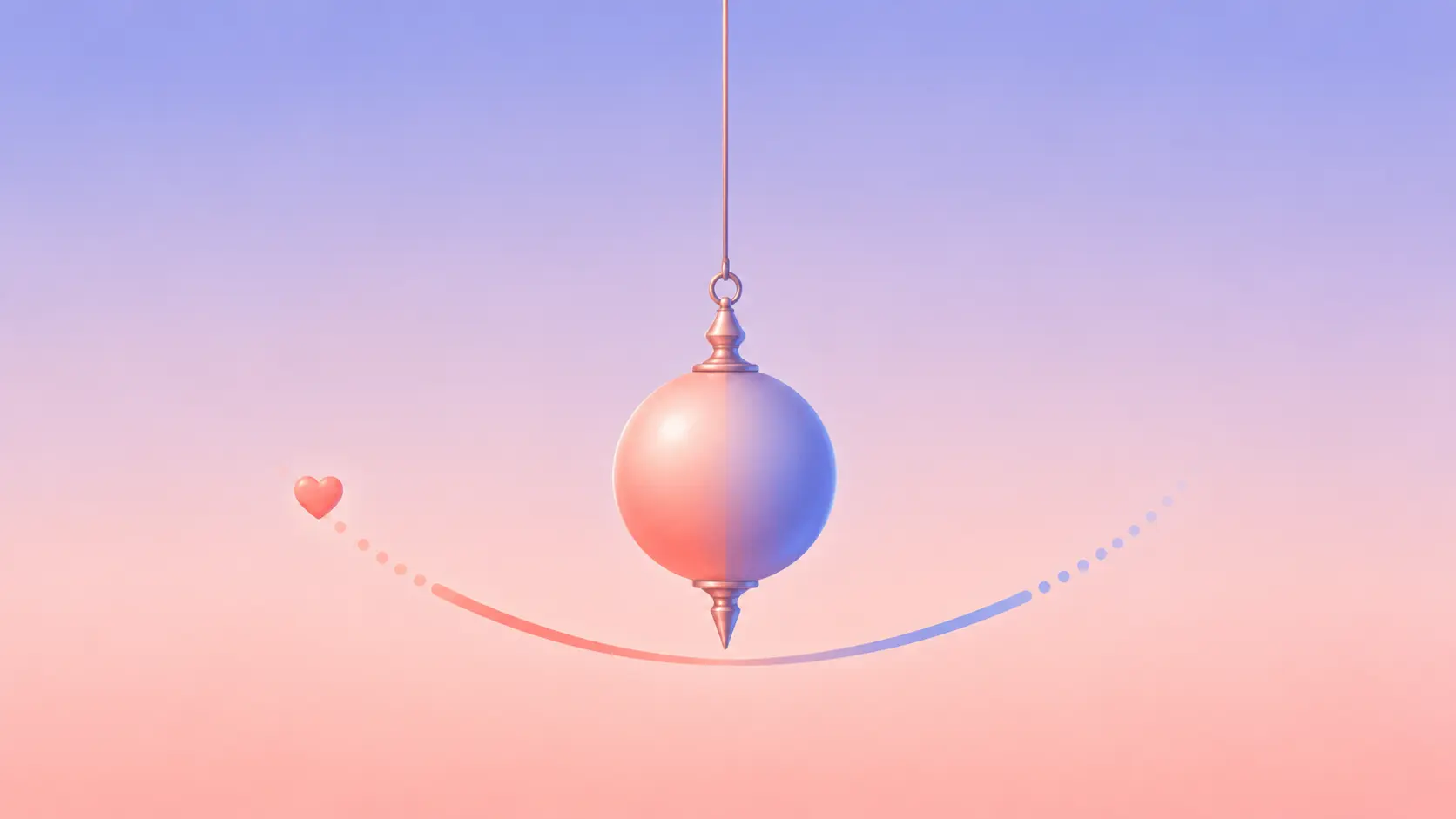 Symbolic flat-vector illustration of a single pendulum caught mid-swing, its arc fading from warm coral-pink on one side to cool periwinkle-blue on the other, representing a partner who runs hot and cold