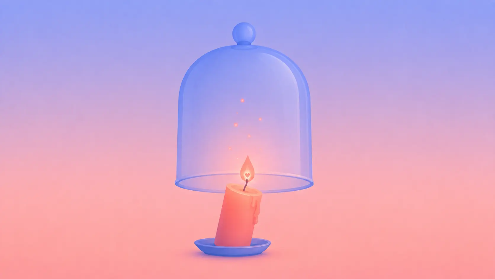 A warm coral candle flame gently shrinking to fit beneath a periwinkle glass dome being lowered over it — a symbol of making your needs smaller to stay easy to love.