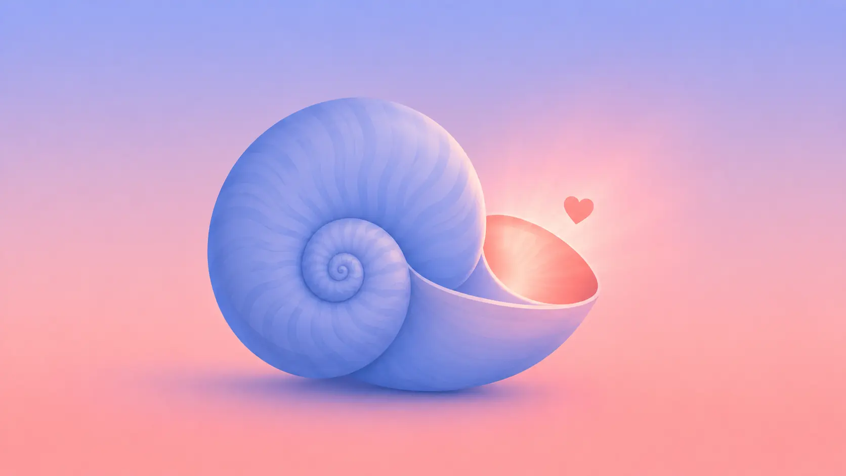 Flat pastel vector illustration of a periwinkle-blue seashell with a warm coral glow radiating from its opening, symbolizing an introverted partner who retreats inward yet still holds warmth inside.