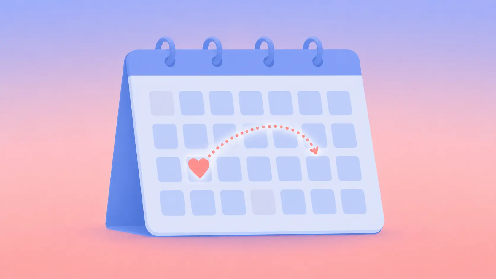 Flat pastel illustration of a periwinkle calendar page where a dotted coral arc moves a small heart marker from one date to a later empty one, symbolizing wondering whether he is busy or avoiding you.