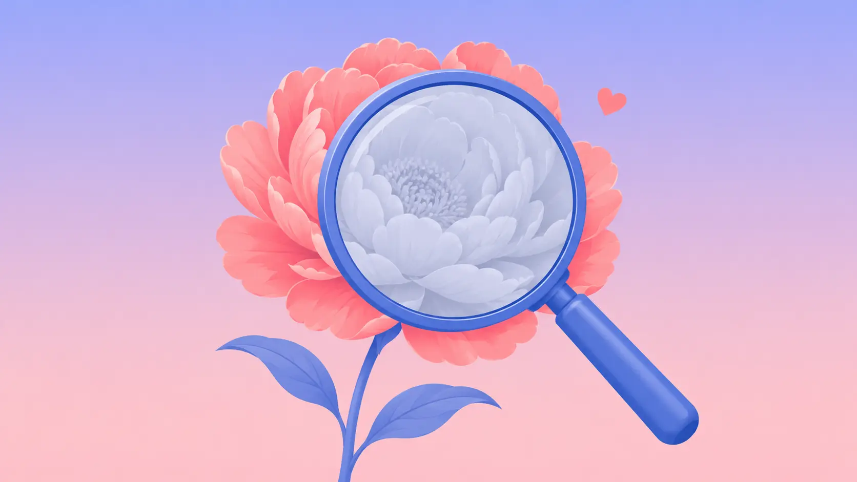 Flat vector illustration of a bright coral flower in full bloom that appears faded only through a periwinkle magnifying lens, symbolizing how fear — not reality — makes you look boring to yourself.