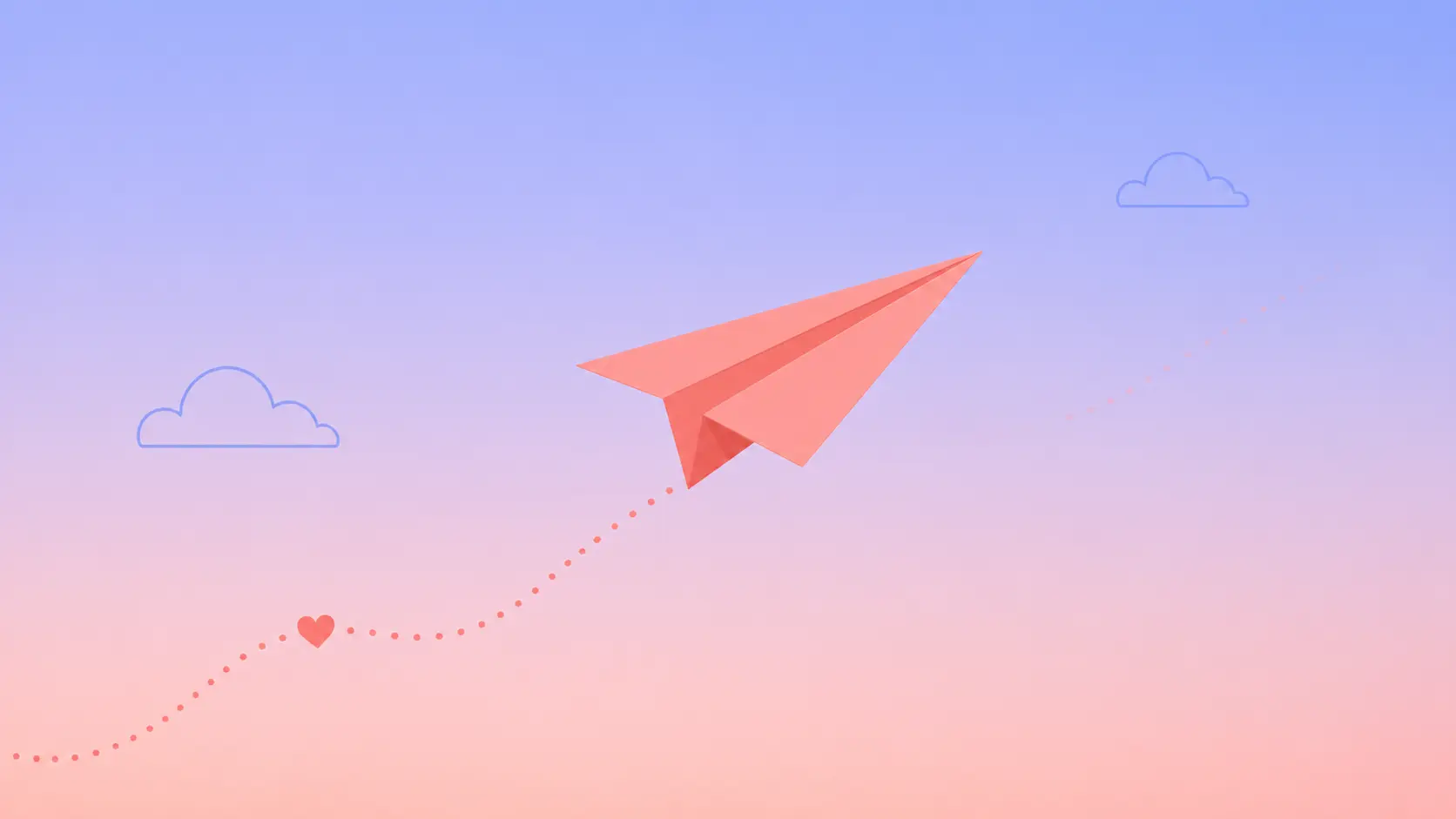 Flat-vector illustration of a warm coral-pink chat bubble with a small heart reaching across an airy gap toward a cool, quiet periwinkle-blue chat bubble, with faint thin-line typing dots, symbolising reaching out by text when he has gone distant