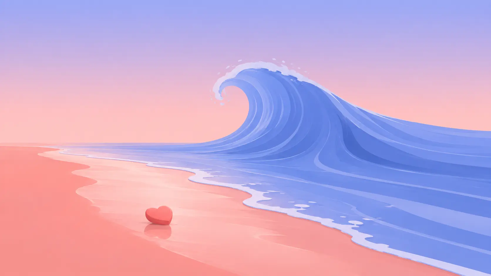 Flat pastel illustration of a periwinkle-blue wave drawing back from a warm coral-pink shore, leaving a small coral heart on the sand — a symbol of a man pulling away just as love deepens.