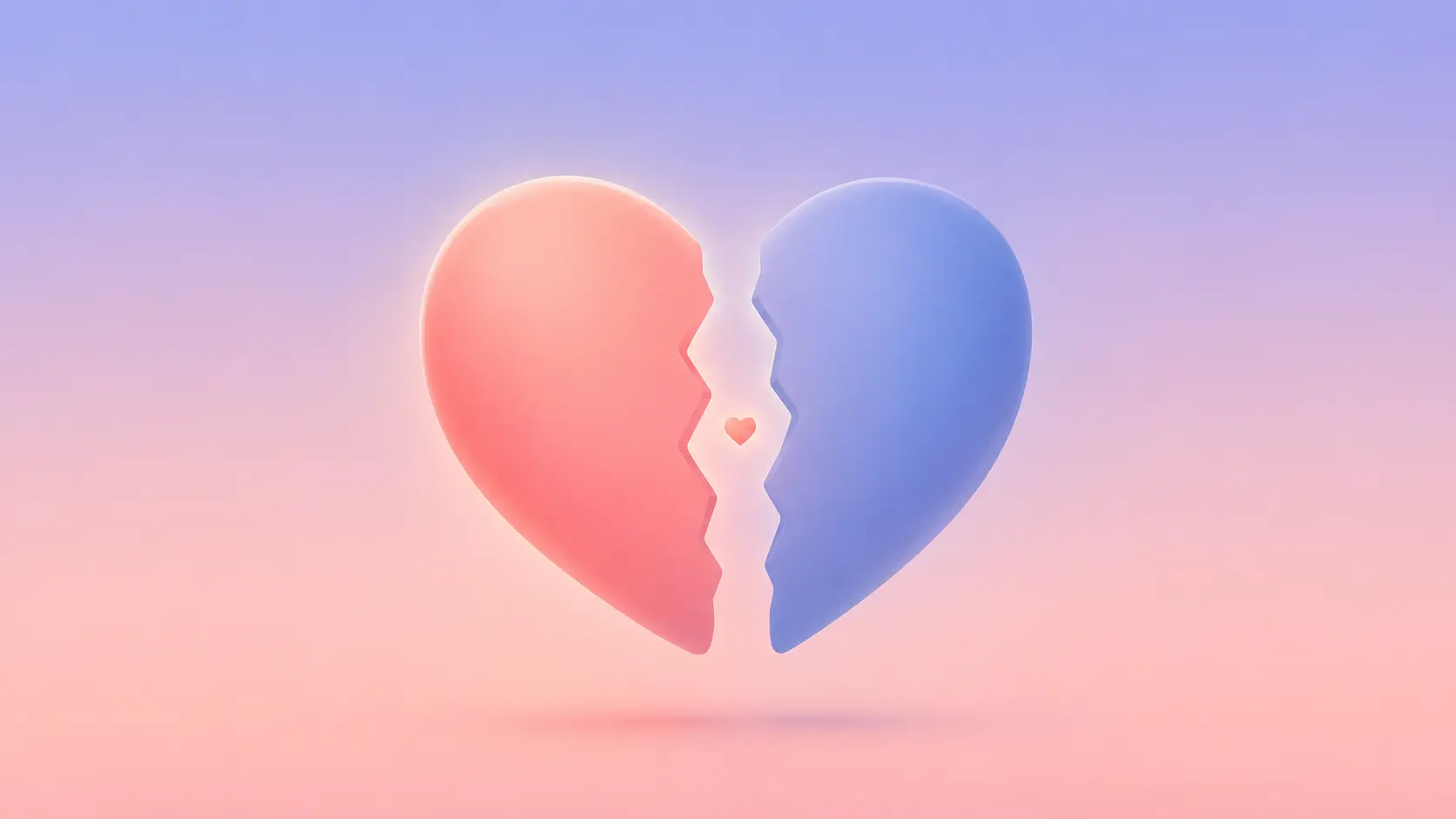 Symbolic flat-vector illustration of a single rounded form with a hairline crack down the middle — the coral-pink half still glowing warm and the periwinkle-blue half drifting slightly cooler and apart — representing a rift after a fight that hasn't yet healed