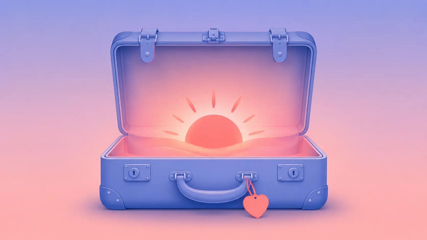 Flat vector illustration of an open suitcase glowing with warm coral sunset light against a cool periwinkle room, symbolizing vacation warmth fading after coming home