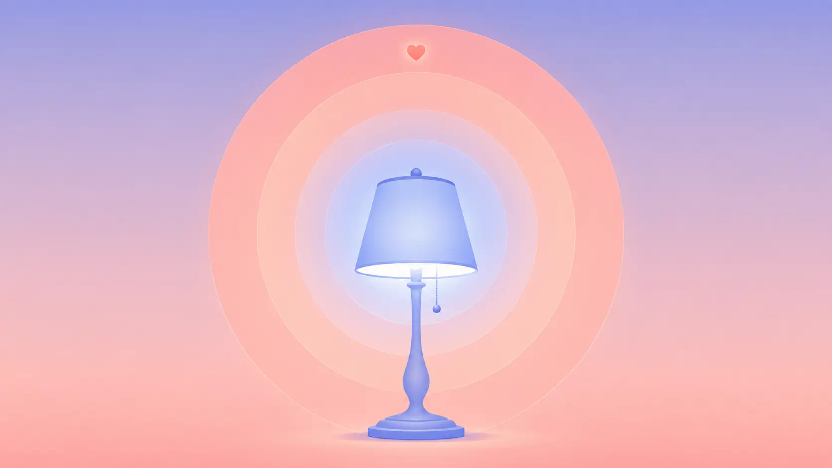 Flat pastel illustration of a lamp glowing at half power, its soft light expanding in concentric rings that warm from cool periwinkle-blue near the bulb to bright coral-pink at the outer edge, symbolizing warmth gradually returning over a new job's adjustment period.