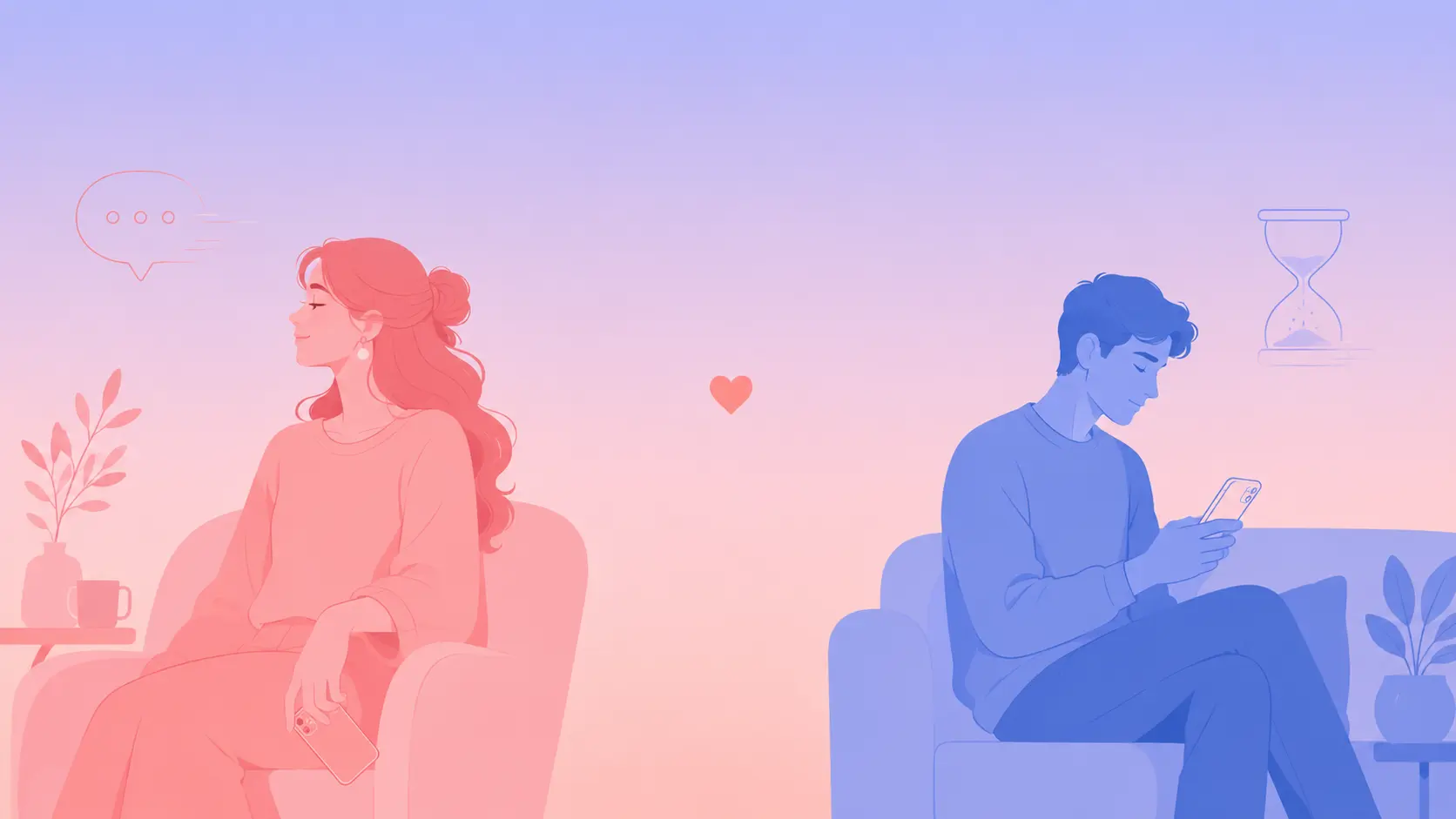 Flat-vector illustration of a woman in warm coral-pink tones calmly lowering her phone and looking toward open space, a man in cool periwinkle-blue tones apart from her looking at his own phone, a small coral heart in the gap between them