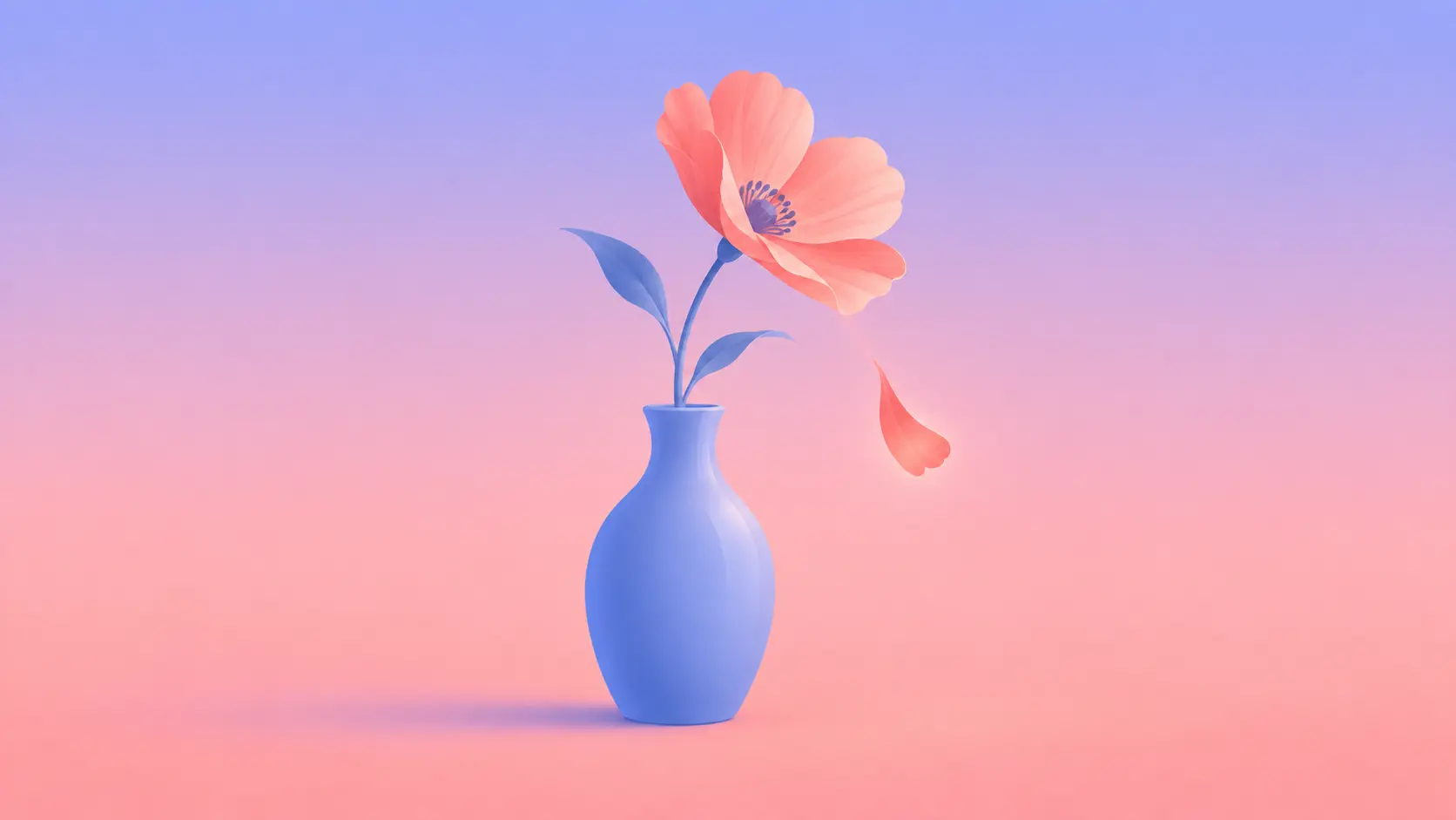 Soft pastel flat-vector illustration of a single coral flower still standing in a periwinkle vase, one coral petal drifting down — a symbol of grieving a relationship while you're still in it.