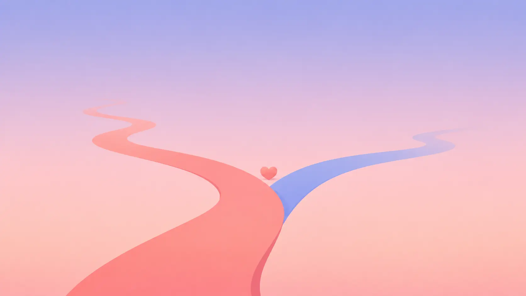 Soft flat-vector illustration of a single warm coral-pink path that forks, one branch staying coral and the other turning periwinkle-blue and drifting away, symbolizing an uncertain direction after a define-the-relationship talk