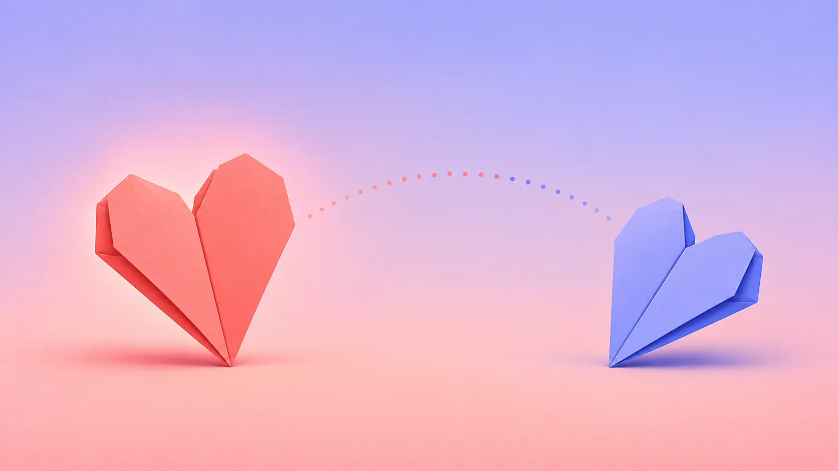 Flat-vector illustration of a warm coral paper heart standing upright and offered forward while a cool periwinkle-blue paper heart leans and tips gently away across an airy gap, symbolising love spoken first and met with a hesitant pause