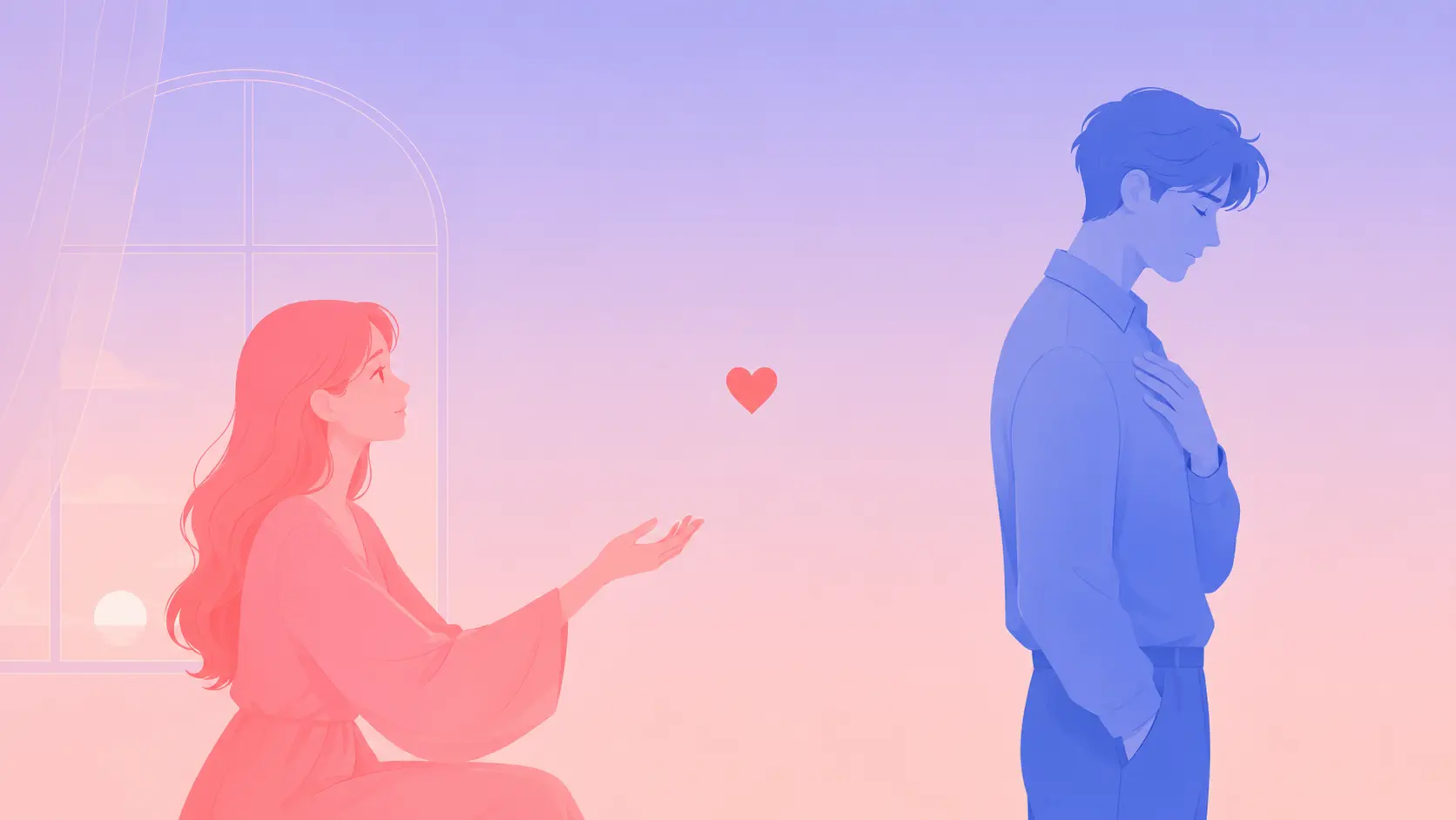 Flat-vector illustration of a woman in warm coral-pink tones reaching gently toward a man in cool periwinkle-blue tones who is turning slightly away, a soft gap of airy space between them and a small coral heart accent above