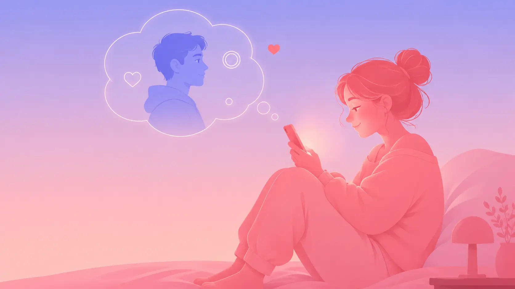 Flat-vector illustration of a woman in warm coral-pink tones lit by her phone at night, a faint thought bubble rising from the screen holding a periwinkle-blue man figure and tiny social icons, with a small coral heart accent