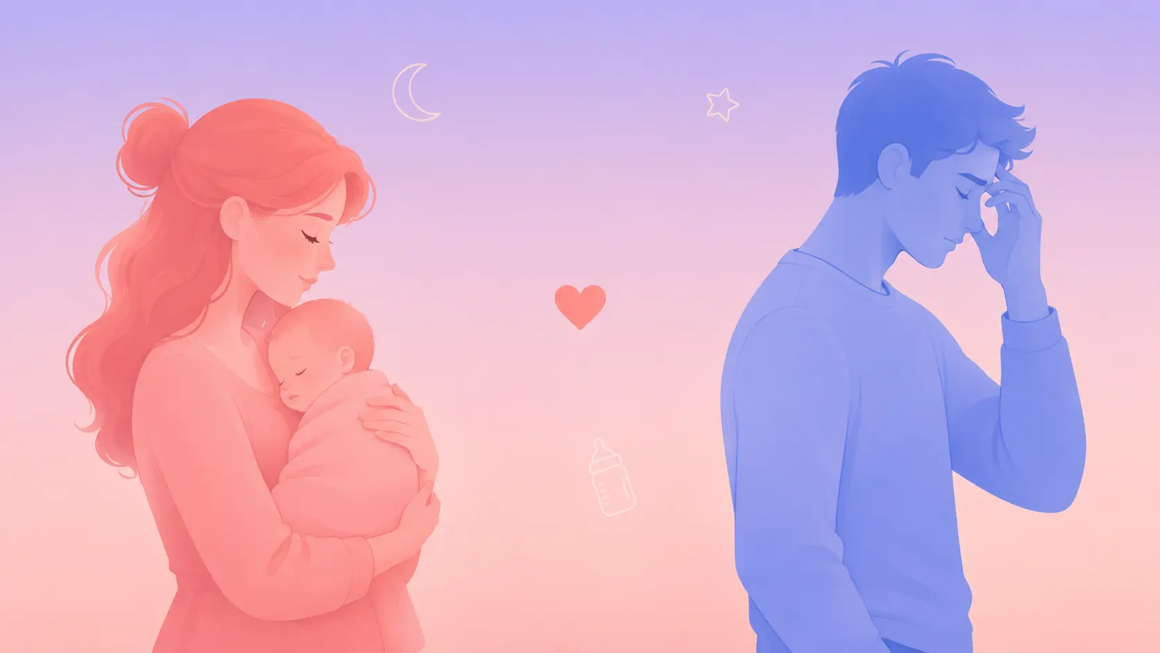 Flat-vector illustration of a new mother in warm coral-pink tones cradling a baby while a father in cool periwinkle-blue tones stands slightly turned away and tired, a soft gap and a small coral heart between them