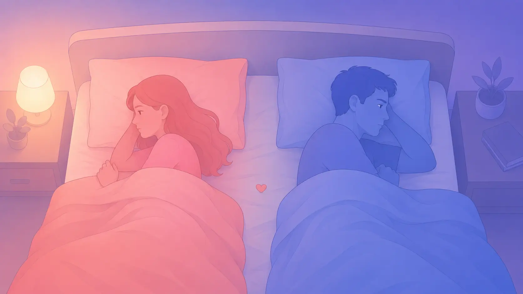 Flat-vector illustration of a woman in warm coral-pink tones reaching toward a man in cool periwinkle-blue tones who faces away across a quiet kitchen table, conveying emotional distance in a marriage