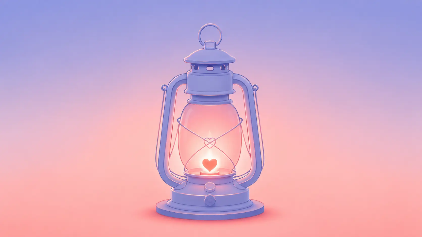 Flat-vector illustration of a warm coral still-life of a woman's own reclaimed passions — an open book, a paintbrush, a small potted plant and a coffee cup gathered in a gentle glowing arc, with cool periwinkle-blue empty space beside them, symbolising gathering back a self lost in a relationship