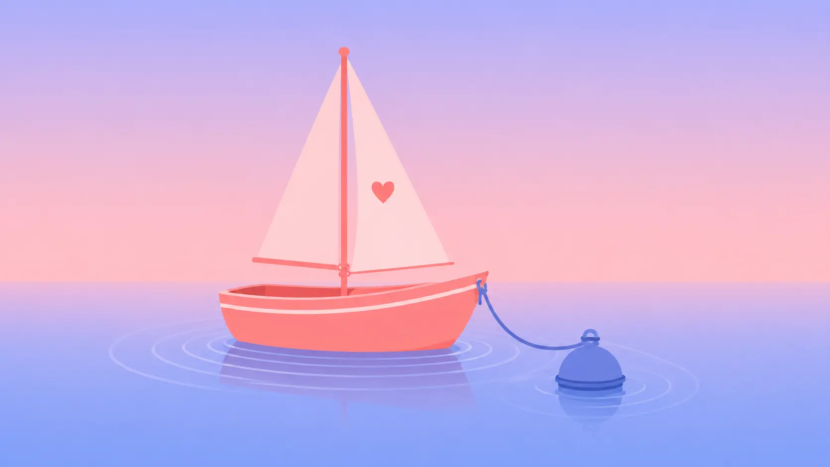 Flat vector illustration of a small coral sailboat resting at a periwinkle mooring buoy on calm water, still connected by its line — symbolizing a settled relationship versus one drifting away