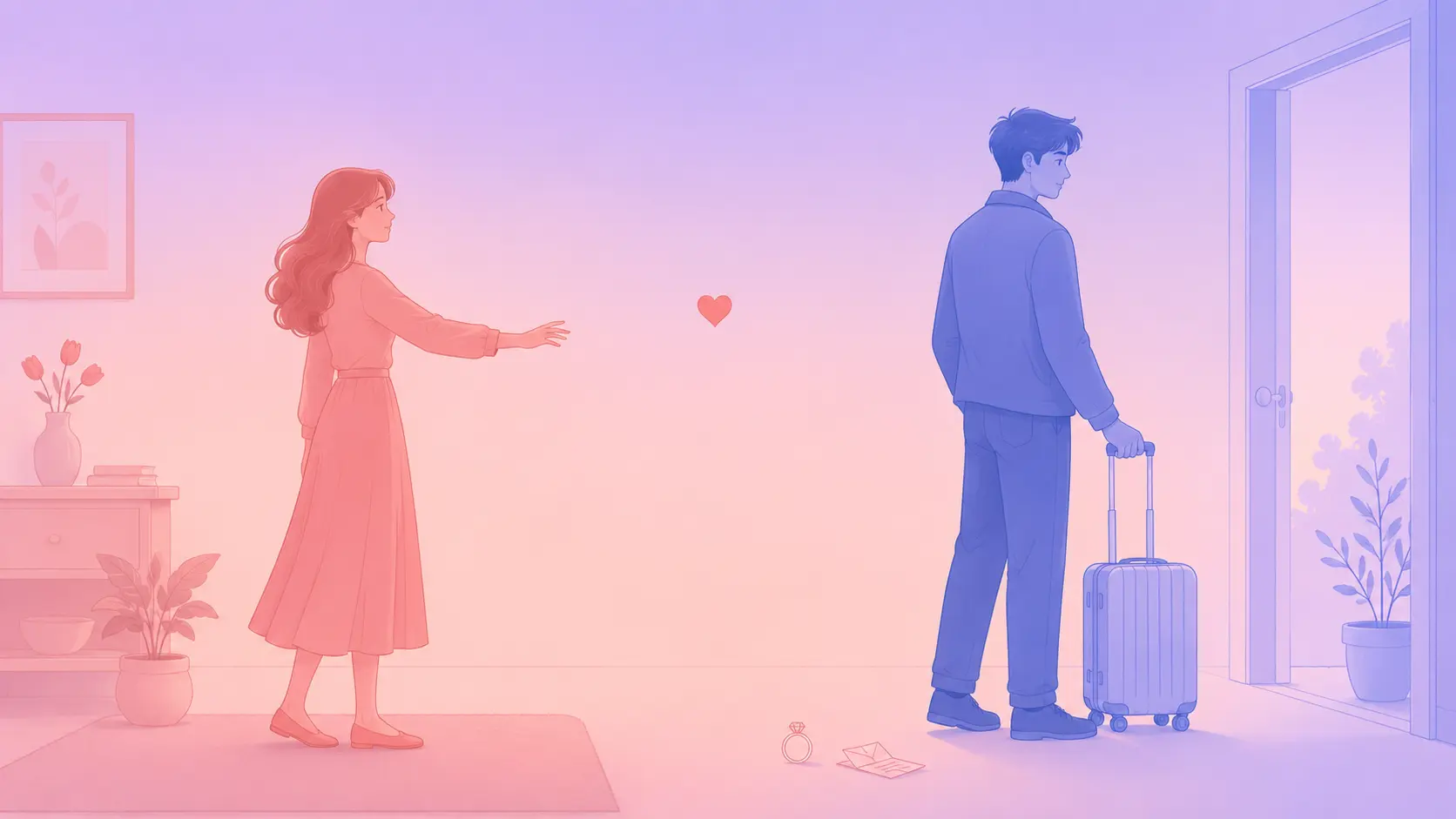 Flat-vector illustration of a woman in warm coral-pink tones reaching gently toward a man in cool periwinkle-blue tones who is turned partly away resting a hand on a small suitcase, with a coral heart in the gap between them