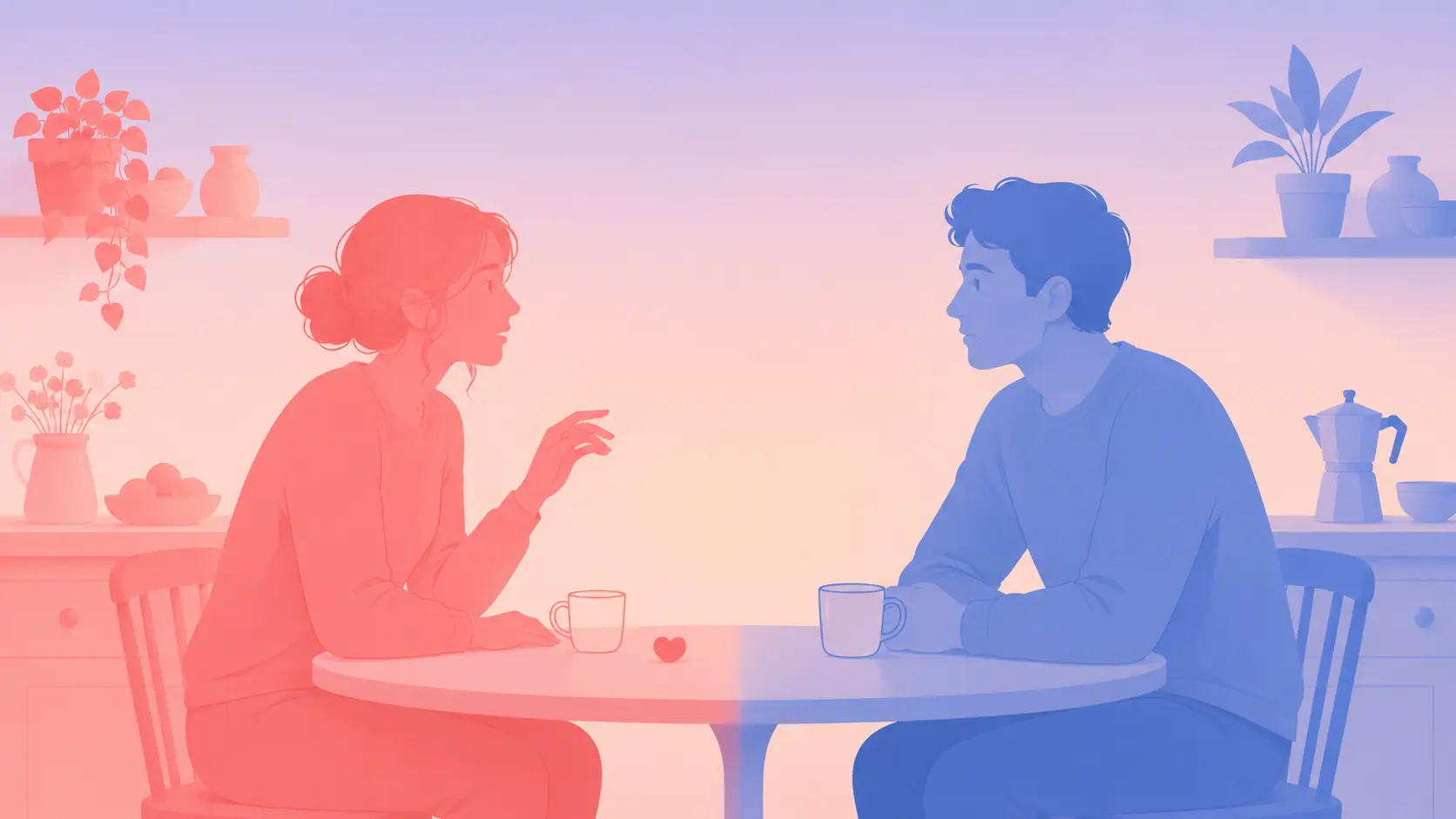 Flat vector illustration of a magnifying glass whose coral-pink handle curves into a question mark, examining a periwinkle-blue horizon — symbolizing the choice between asking him directly and quietly observing his behavior.
