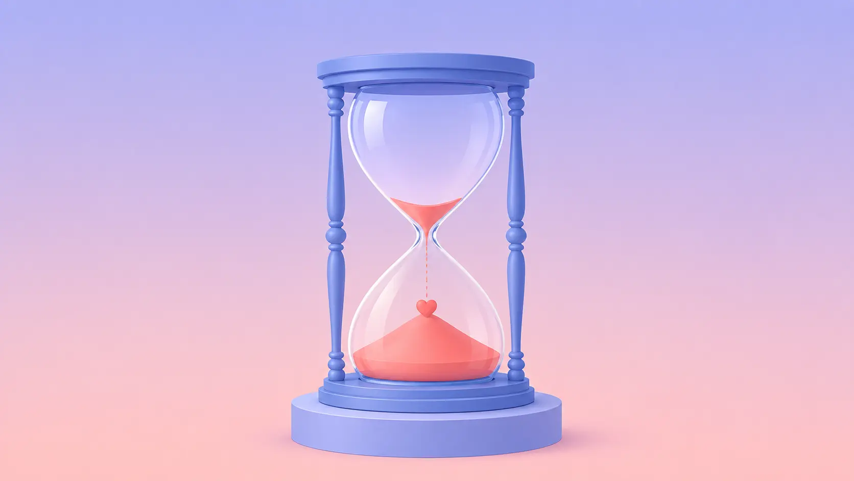 Flat-vector illustration of an hourglass with the last grains of coral-pink sand falling inside a periwinkle-blue frame, on a soft lavender-to-peach gradient background — symbolizing the deadline at the heart of an ultimatum.