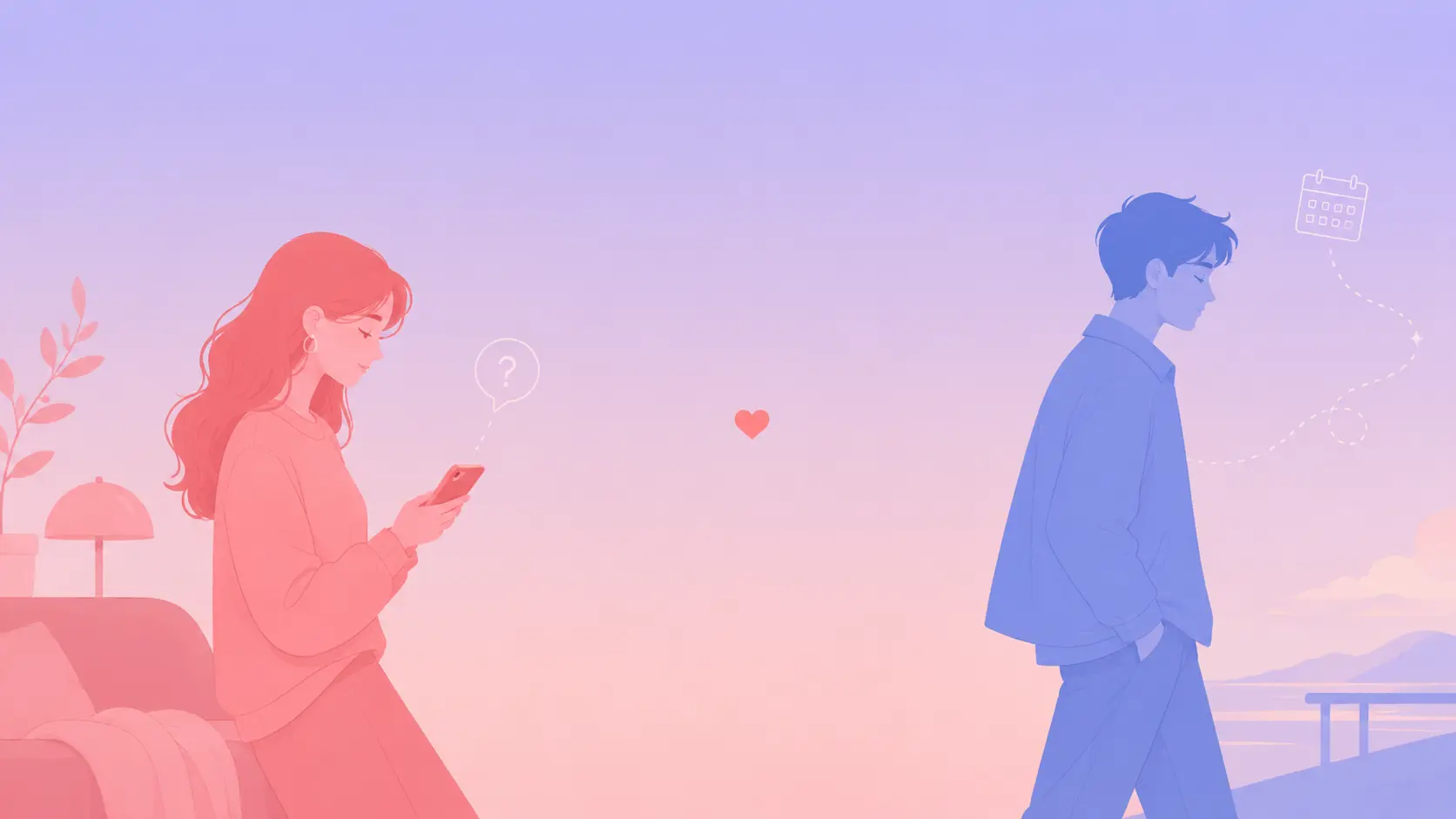 Flat-vector illustration of a woman in warm coral-pink tones holding a phone with a faint question-mark bubble, reaching toward a man in cool periwinkle-blue tones who is turned away and drifting, with no connecting line between them and a small coral heart accent