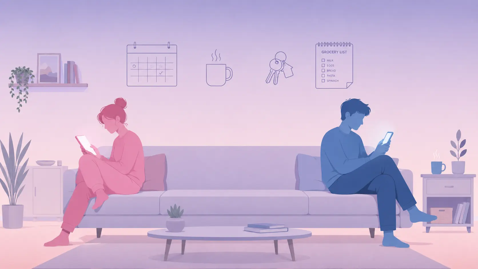 Symbolic illustration of two partners living parallel lives, feeling like roommates rather than a couple