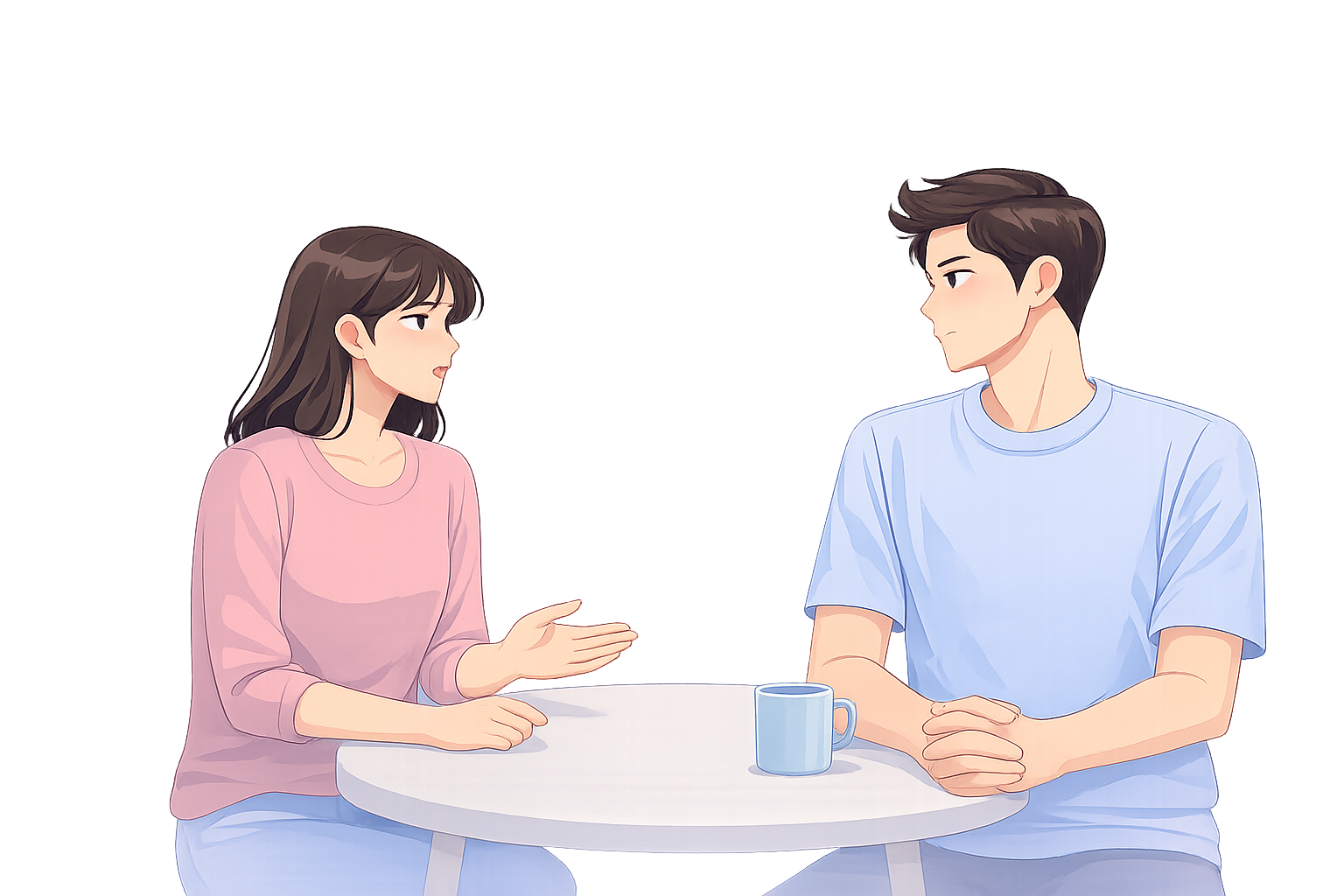 Illustration of two partners sitting across from each other with visible conversational tension
